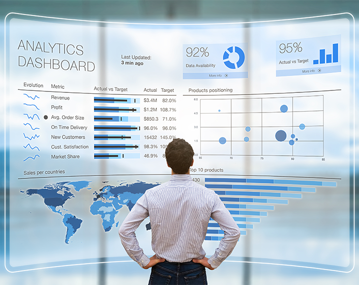 Businessman analyzing a business analytics (BA) or intelligence (BI) dashboard on virtual screen showing sales and operations data statistics charts and key performance indicators (KPI)